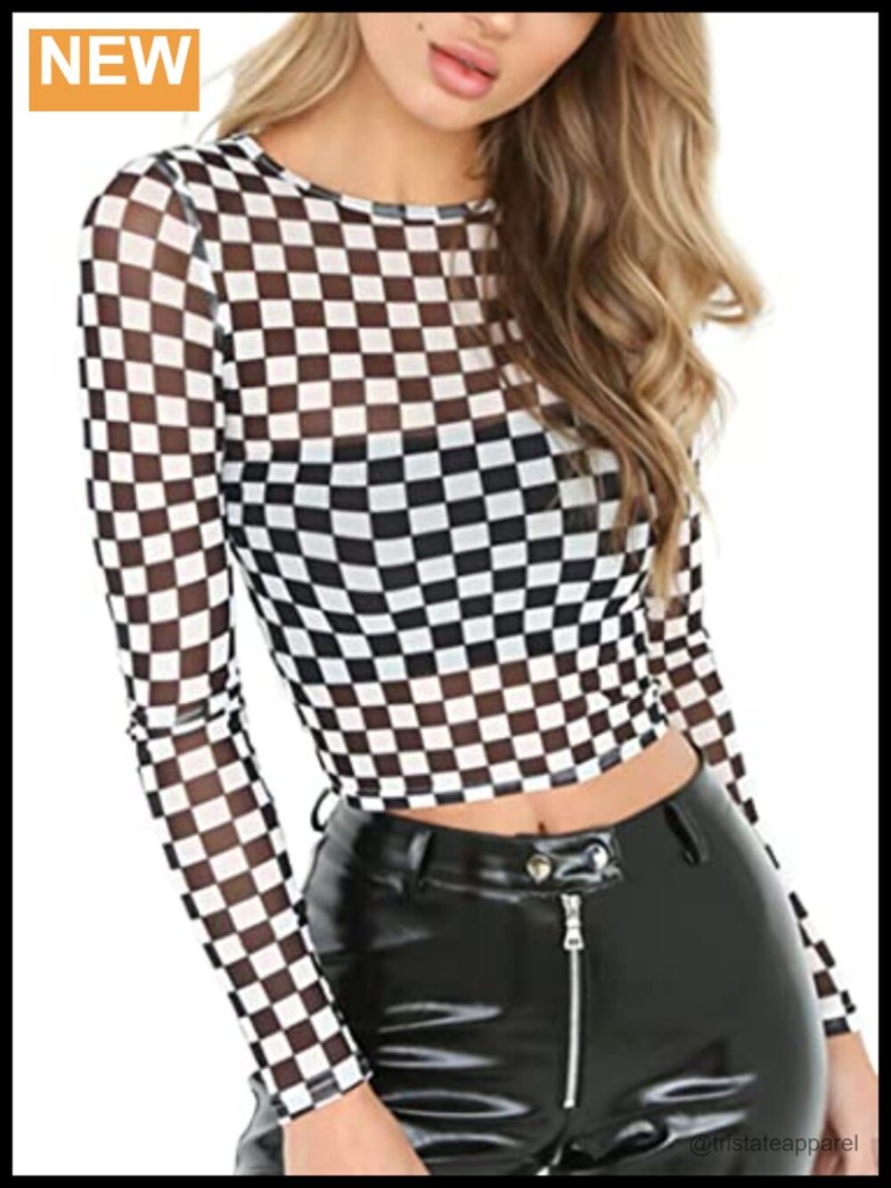 Slim Fit Long Sleeve Sheer Mesh Crop Top Checkered See Through Tee